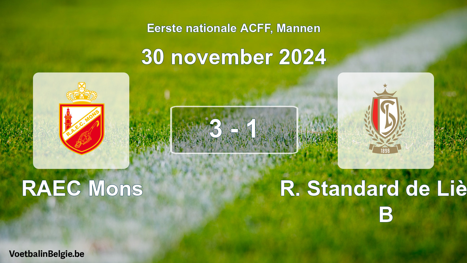 Gespeelde wedstrijd mannenvoetbal: RAEC Mons - R. Standard de Liège B 3 - 1 (30 november 2024)