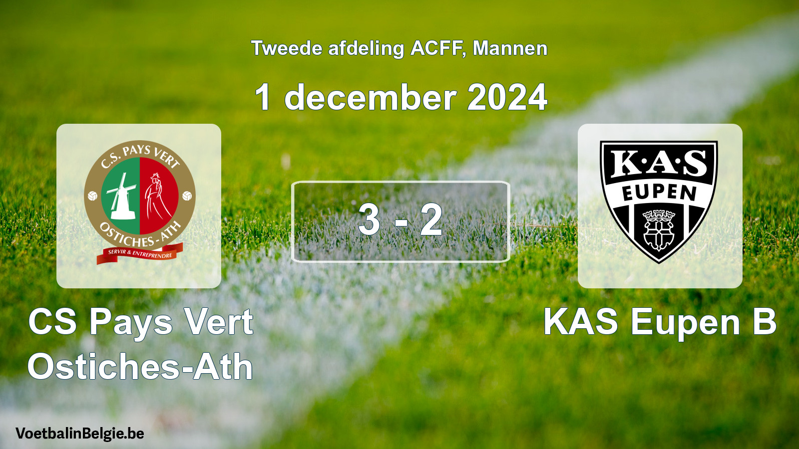 Gespeelde wedstrijd mannenvoetbal: CS Pays Vert Ostiches-Ath - KAS Eupen B 3 - 2 (1 december 2024)