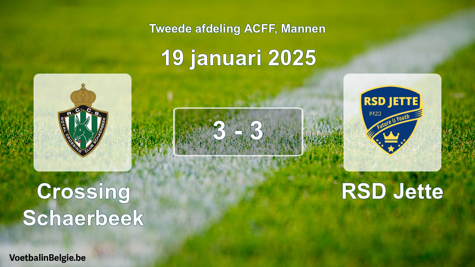 Gespeelde wedstrijd mannenvoetbal: Crossing Schaerbeek - RSD Jette 3 - 3 (19 januari 2025)