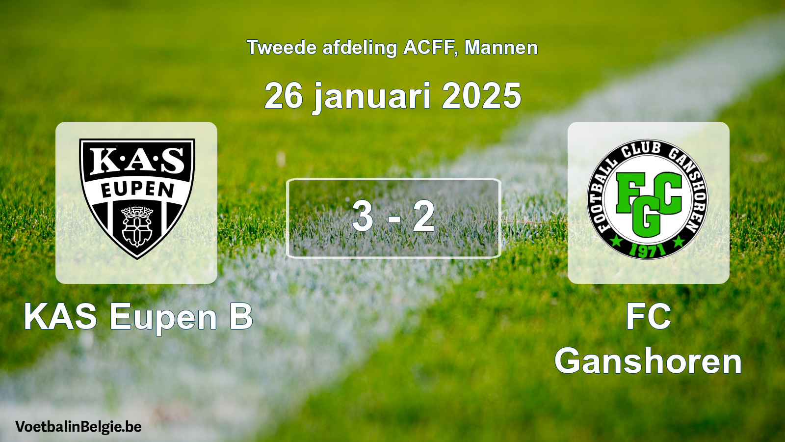 Gespeelde wedstrijd mannenvoetbal: KAS Eupen B - FC Ganshoren 3 - 2 (26 januari 2025)