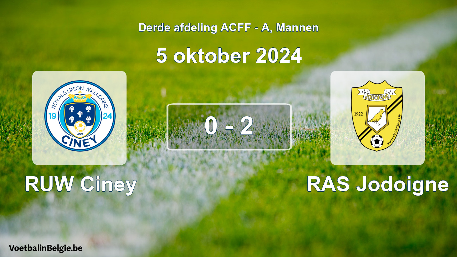 Gespeelde wedstrijd mannenvoetbal: RUW Ciney - RAS Jodoigne 0 - 2 (5 oktober 2024)