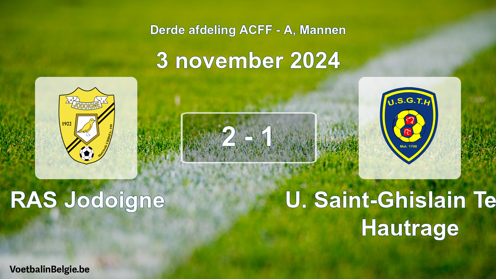Gespeelde wedstrijd mannenvoetbal: RAS Jodoigne - U. Saint-Ghislain Tertre Hautrage 2 - 1 (3 november 2024)