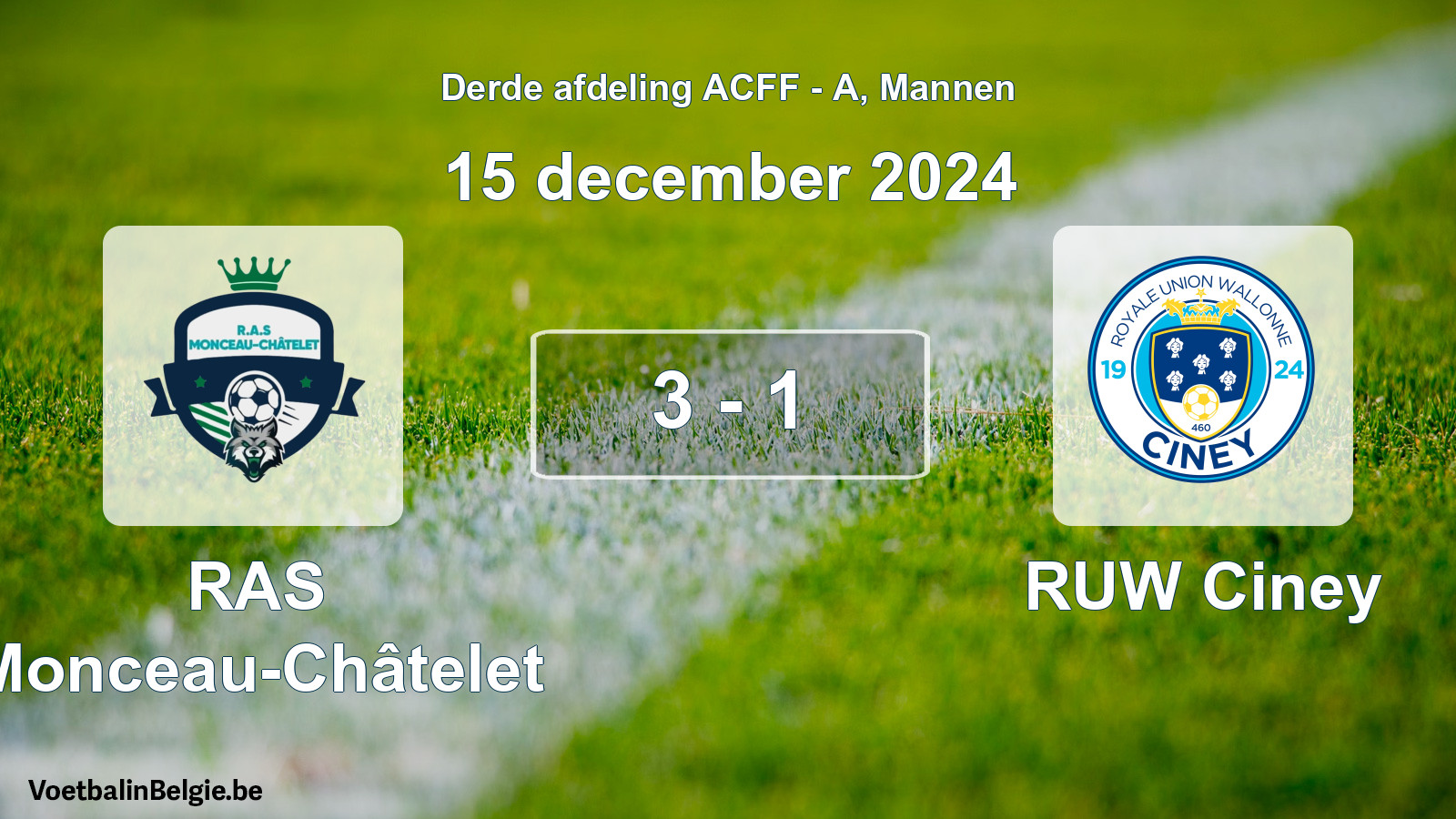 Gespeelde wedstrijd mannenvoetbal: RAS Monceau-Châtelet - RUW Ciney 3 - 1 (15 december 2024)