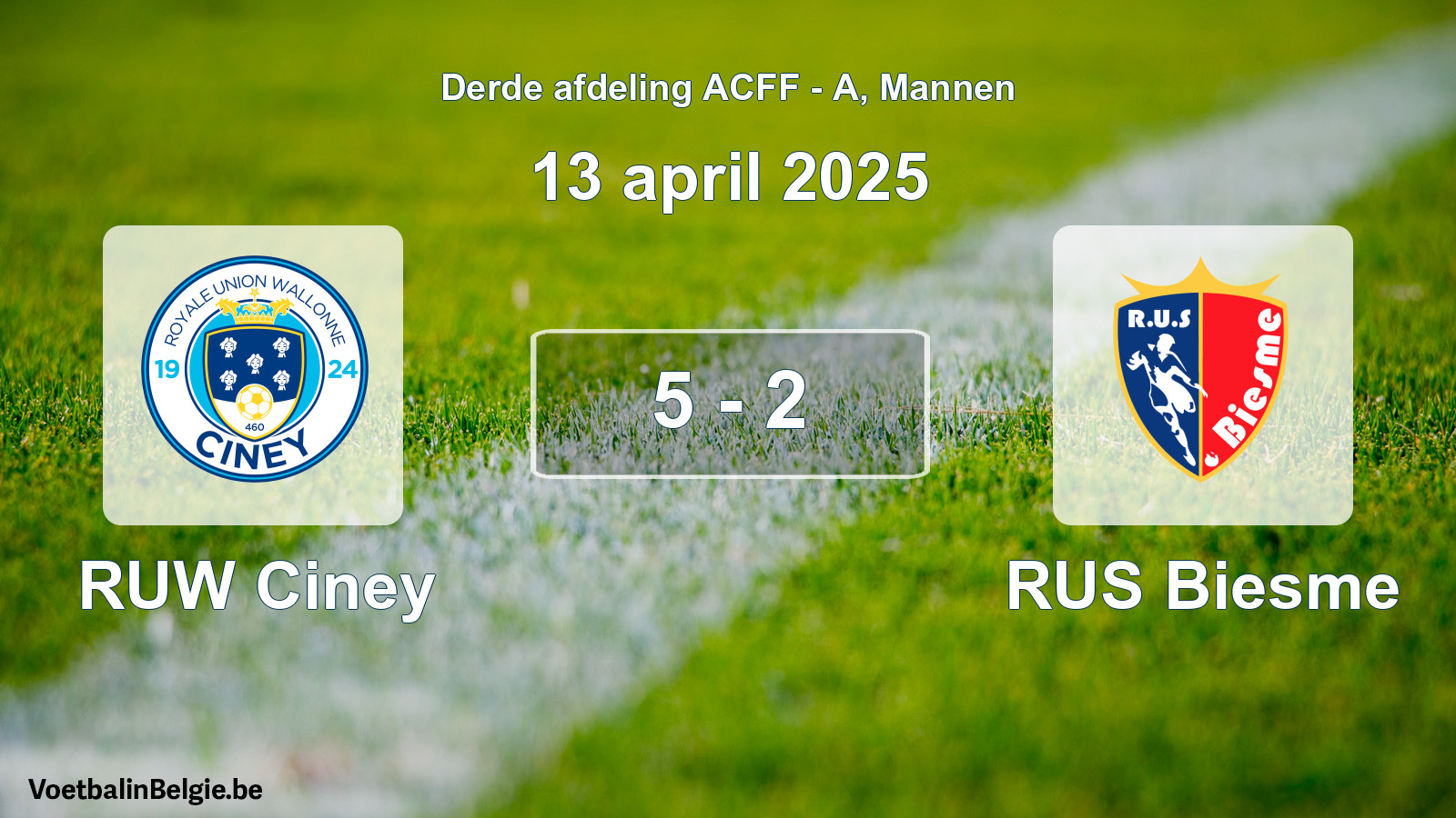 Gespeelde wedstrijd mannenvoetbal: RUW Ciney - RUS Biesme 5 - 2 (13 april 2025)
