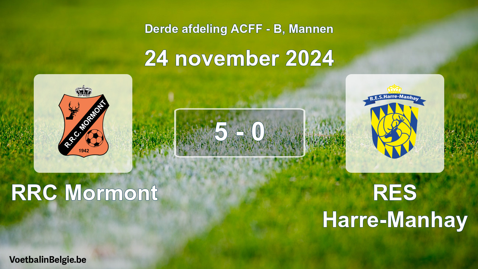 Gespeelde wedstrijd mannenvoetbal: RRC Mormont - RES Harre-Manhay 5 - 0 (24 november 2024)