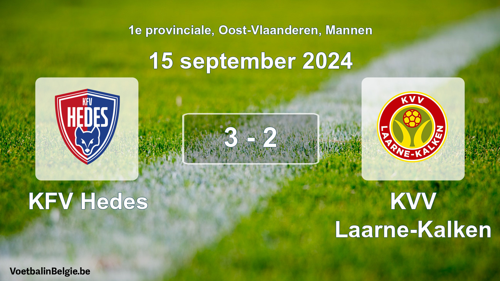 Gespeelde wedstrijd mannenvoetbal: KFV Hedes - KVV Laarne-Kalken 3 - 2 (15 september 2024)