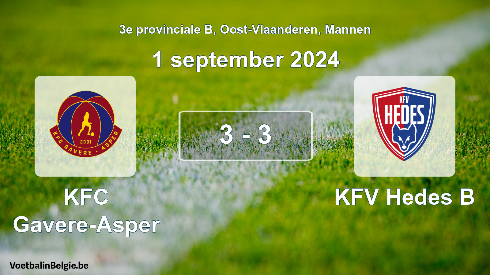Gespeelde wedstrijd mannenvoetbal: KFC Gavere-Asper - KFV Hedes B 3 - 3 (1 september 2024)