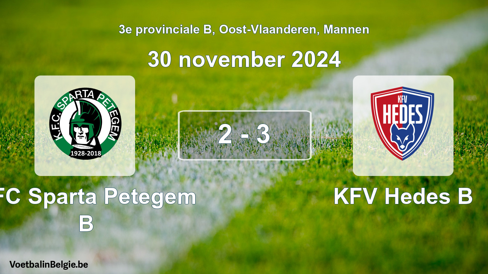 Gespeelde wedstrijd mannenvoetbal: KFC Sparta Petegem B - KFV Hedes B 2 - 3 (30 november 2024)