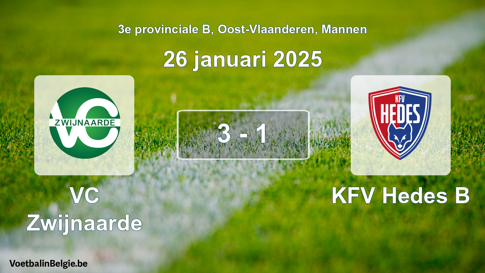Gespeelde wedstrijd mannenvoetbal: VC Zwijnaarde - KFV Hedes B 3 - 1 (26 januari 2025)