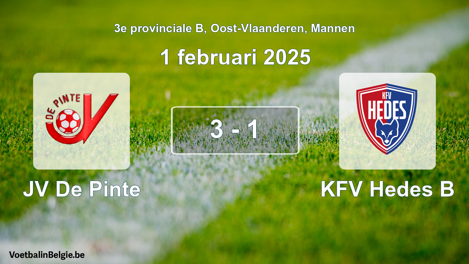Gespeelde wedstrijd mannenvoetbal: JV De Pinte - KFV Hedes B 3 - 1 (1 februari 2025)