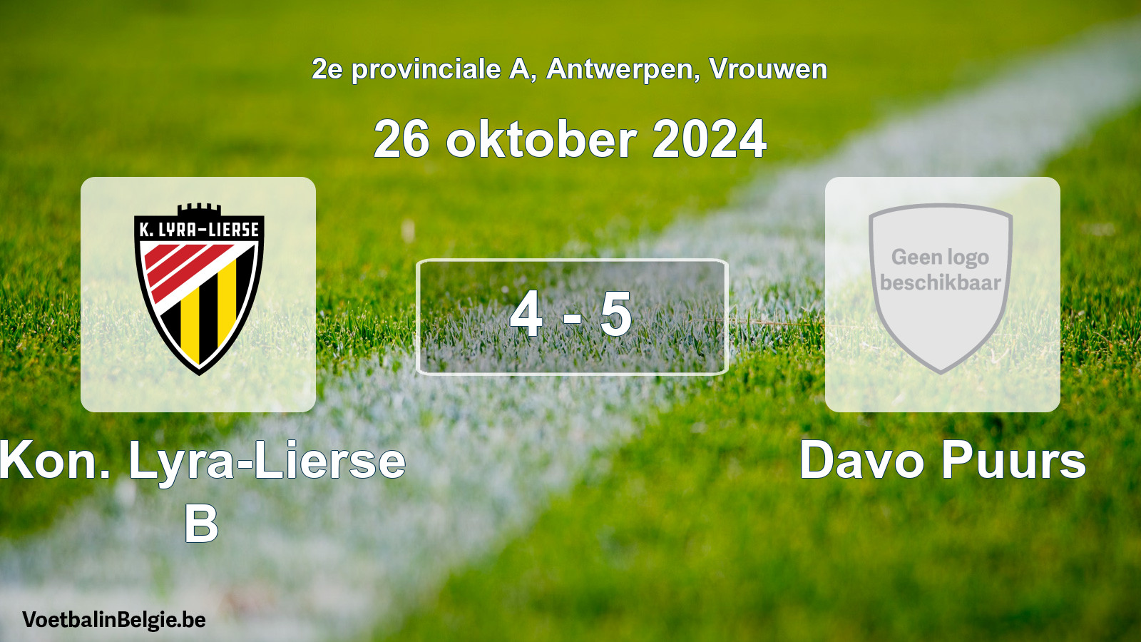 Gespeelde wedstrijd vrouwenvoetbal: Kon. Lyra-Lierse B - Davo Puurs 4 - 5 (26 oktober 2024)