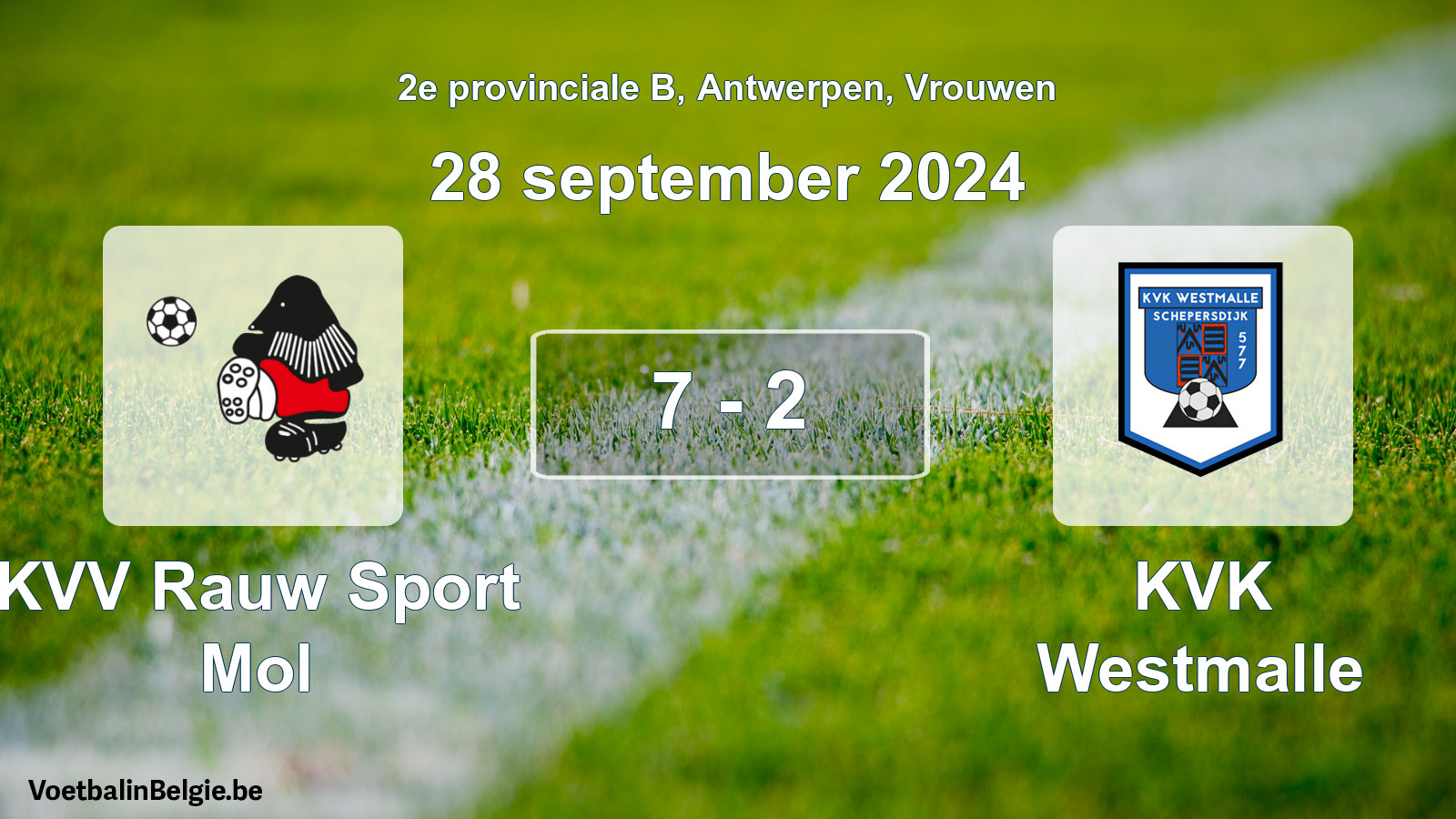 Gespeelde wedstrijd vrouwenvoetbal: KVV Rauw Sport Mol - KVK Westmalle 7 - 2 (28 september 2024)