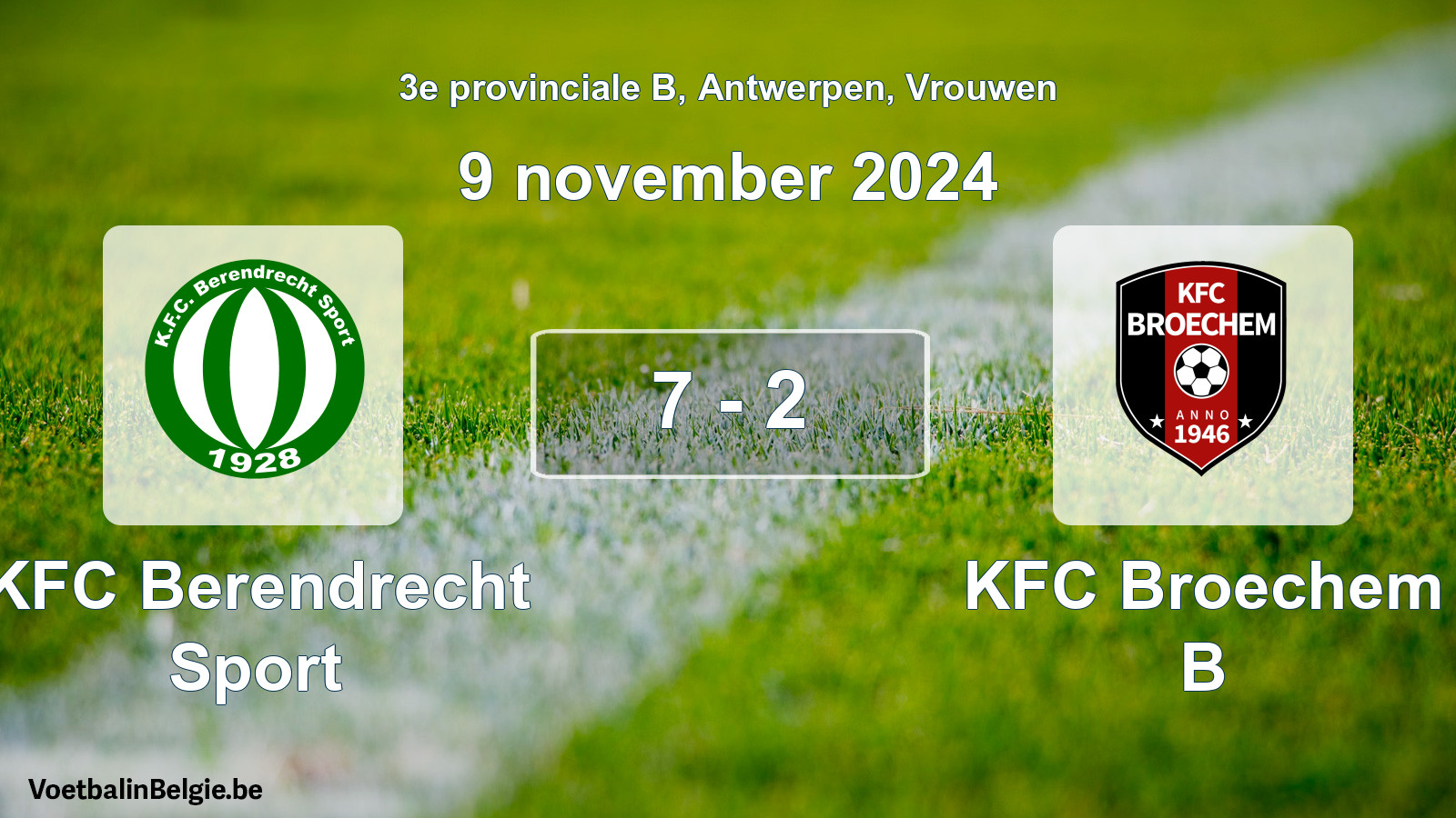 Gespeelde wedstrijd vrouwenvoetbal: KFC Berendrecht Sport - KFC Broechem B 7 - 2 (9 november 2024)