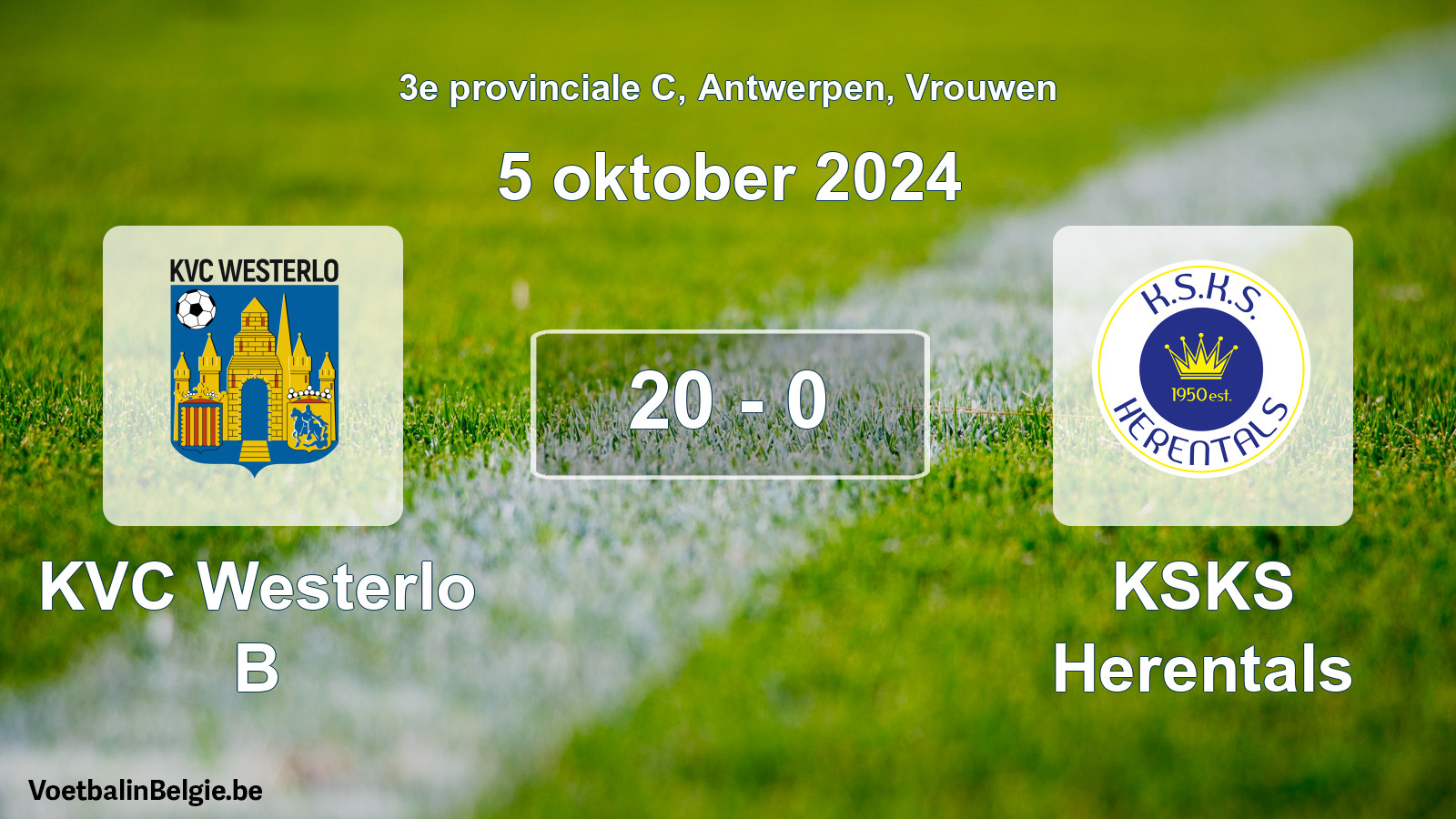 Gespeelde wedstrijd vrouwenvoetbal: KVC Westerlo B - KSKS Herentals 20 - 0 (5 oktober 2024)