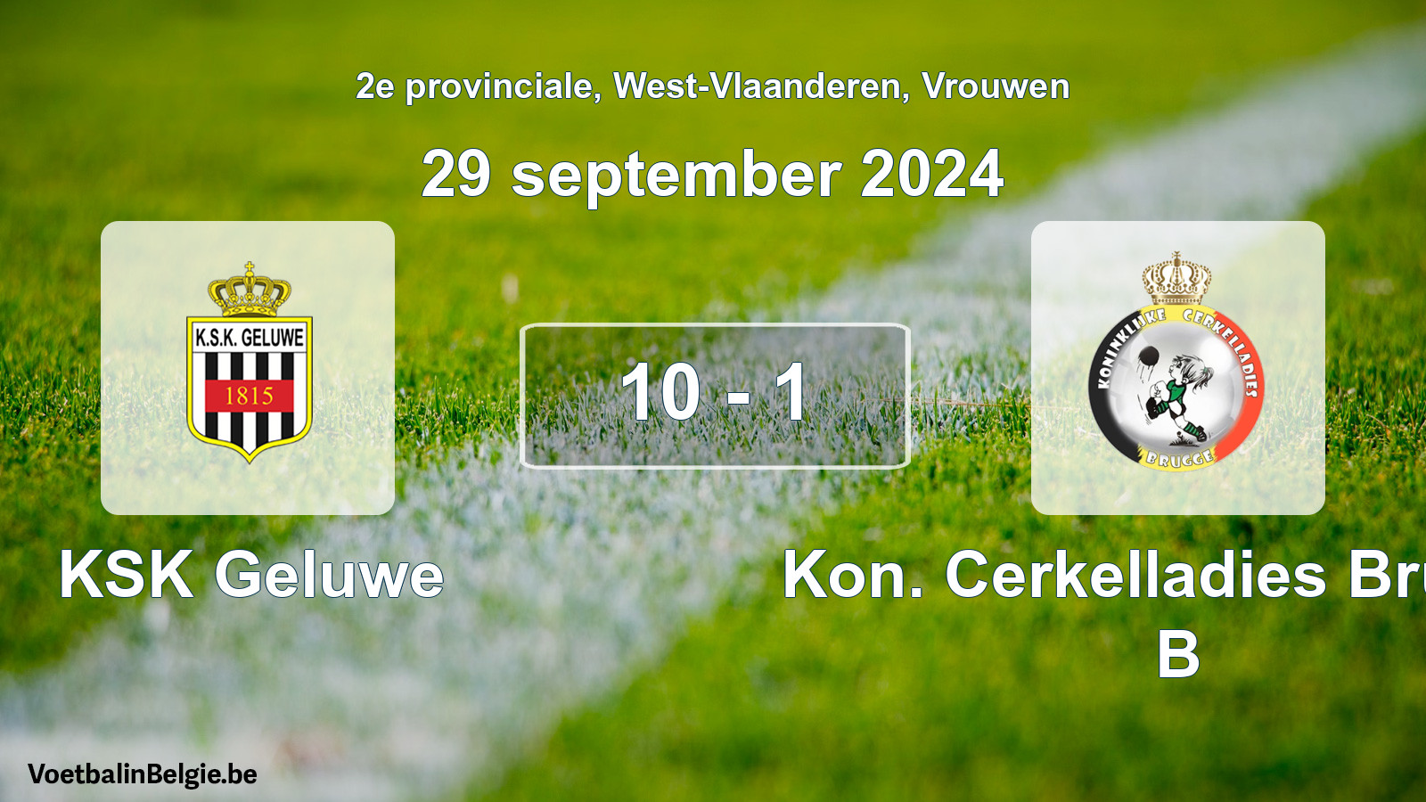 Gespeelde wedstrijd vrouwenvoetbal: KSK Geluwe - Kon. Cerkelladies Brugge B 10 - 1 (29 september 2024)