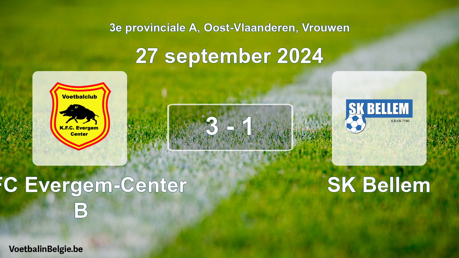 Gespeelde wedstrijd vrouwenvoetbal: KFC Evergem-Center B - SK Bellem 3 - 1 (27 september 2024)