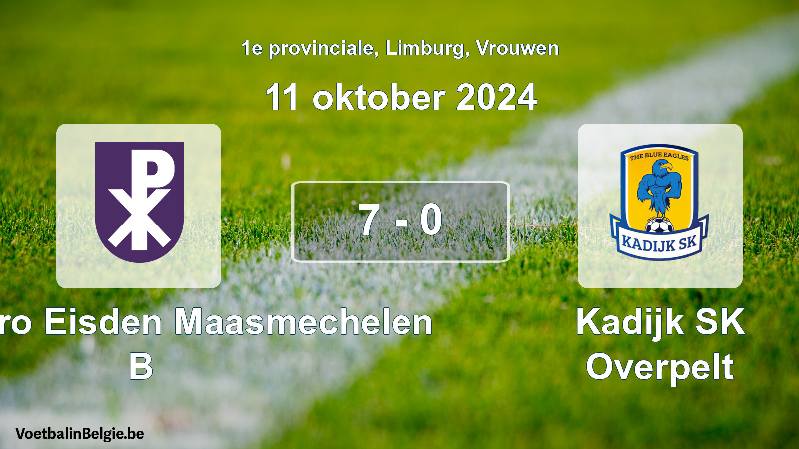 Gespeelde wedstrijd vrouwenvoetbal: Kon. Patro Eisden Maasmechelen B - Kadijk SK Overpelt 7 - 0 (11 oktober 2024)