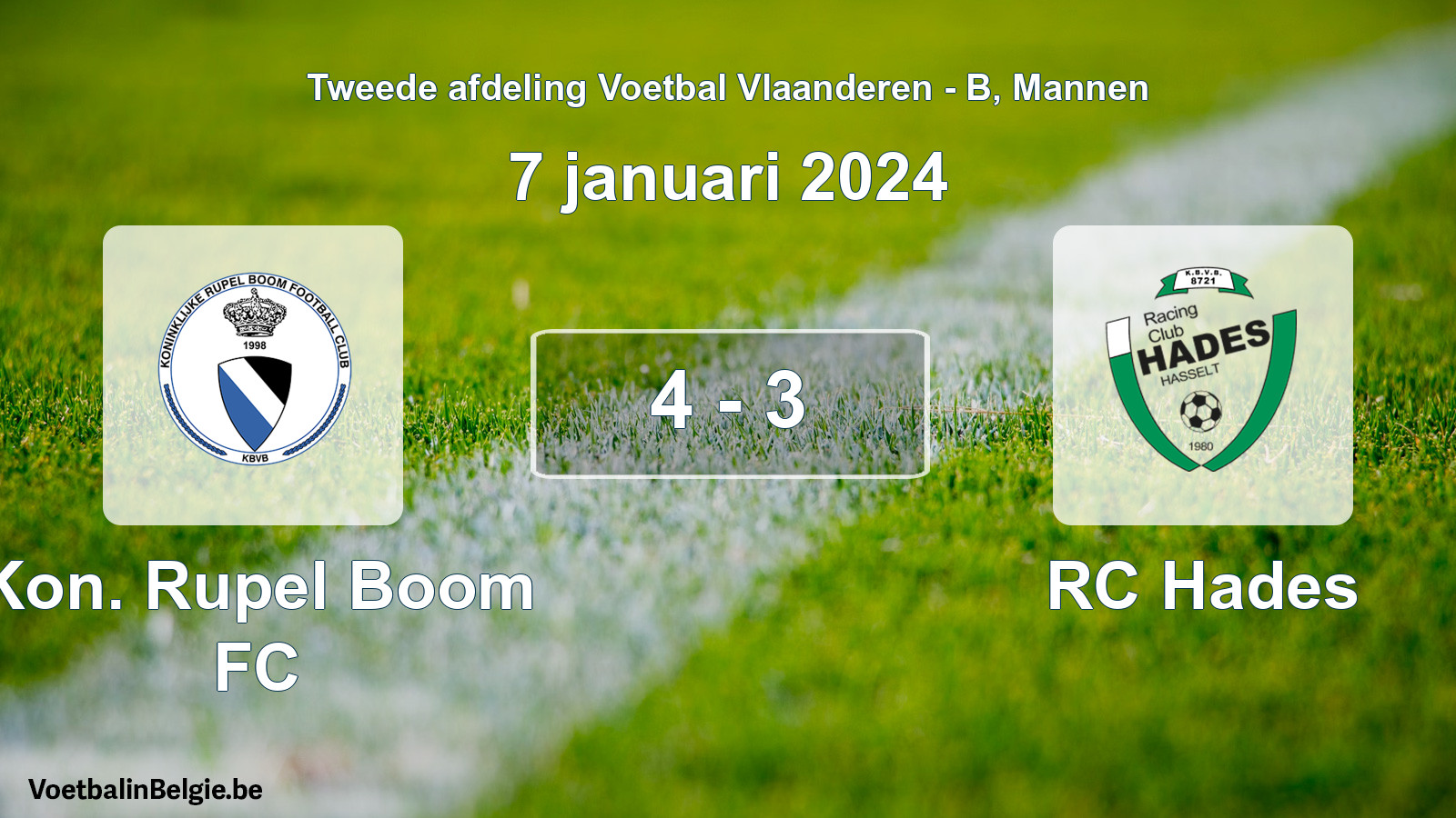 Gespeelde wedstrijd mannenvoetbal: Kon. Rupel Boom FC - RC Hades 4 - 3 (7 januari 2024)