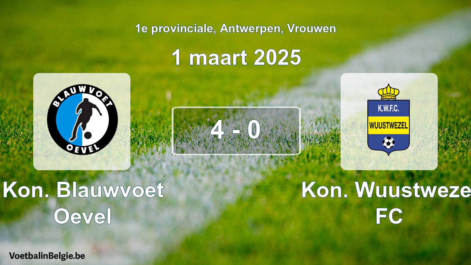 Gespeelde wedstrijd vrouwenvoetbal: Kon. Blauwvoet Oevel - Kon. Wuustwezel FC 4 - 0 (1 maart 2025)