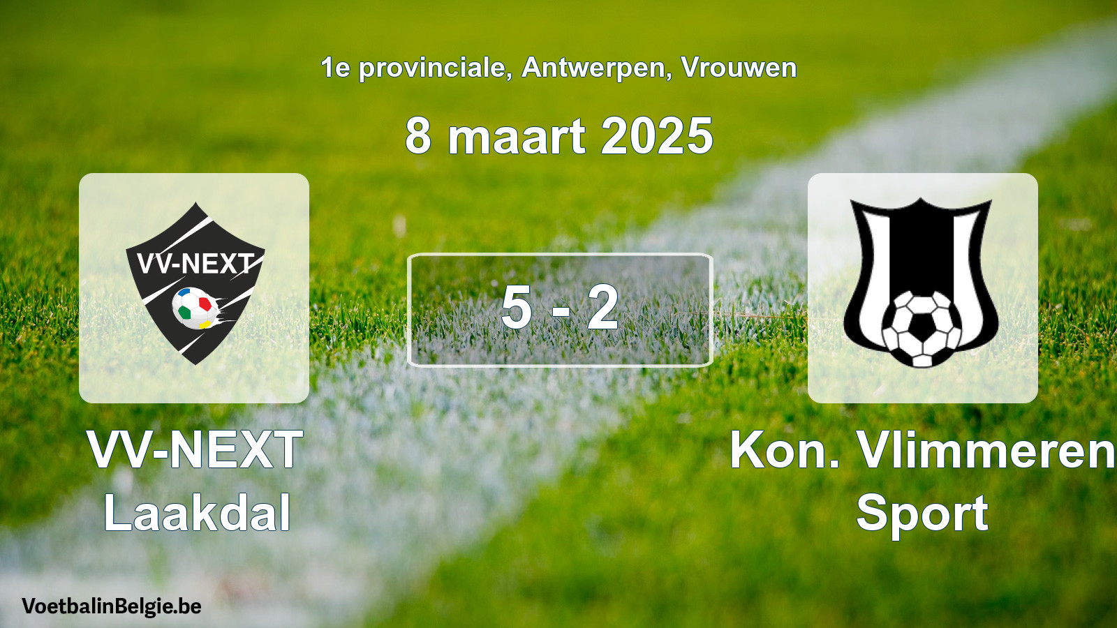 Gespeelde wedstrijd vrouwenvoetbal: VV-NEXT Laakdal - Kon. Vlimmeren Sport 5 - 2 (8 maart 2025)
