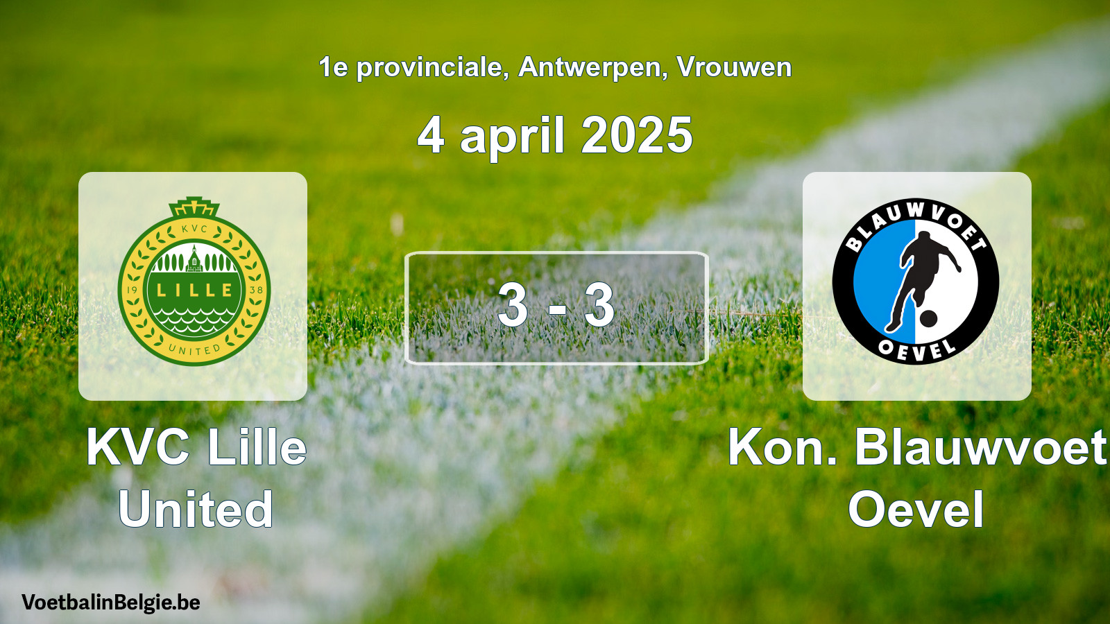 Gespeelde wedstrijd vrouwenvoetbal: KVC Lille United - Kon. Blauwvoet Oevel 3 - 3 (4 april 2025)