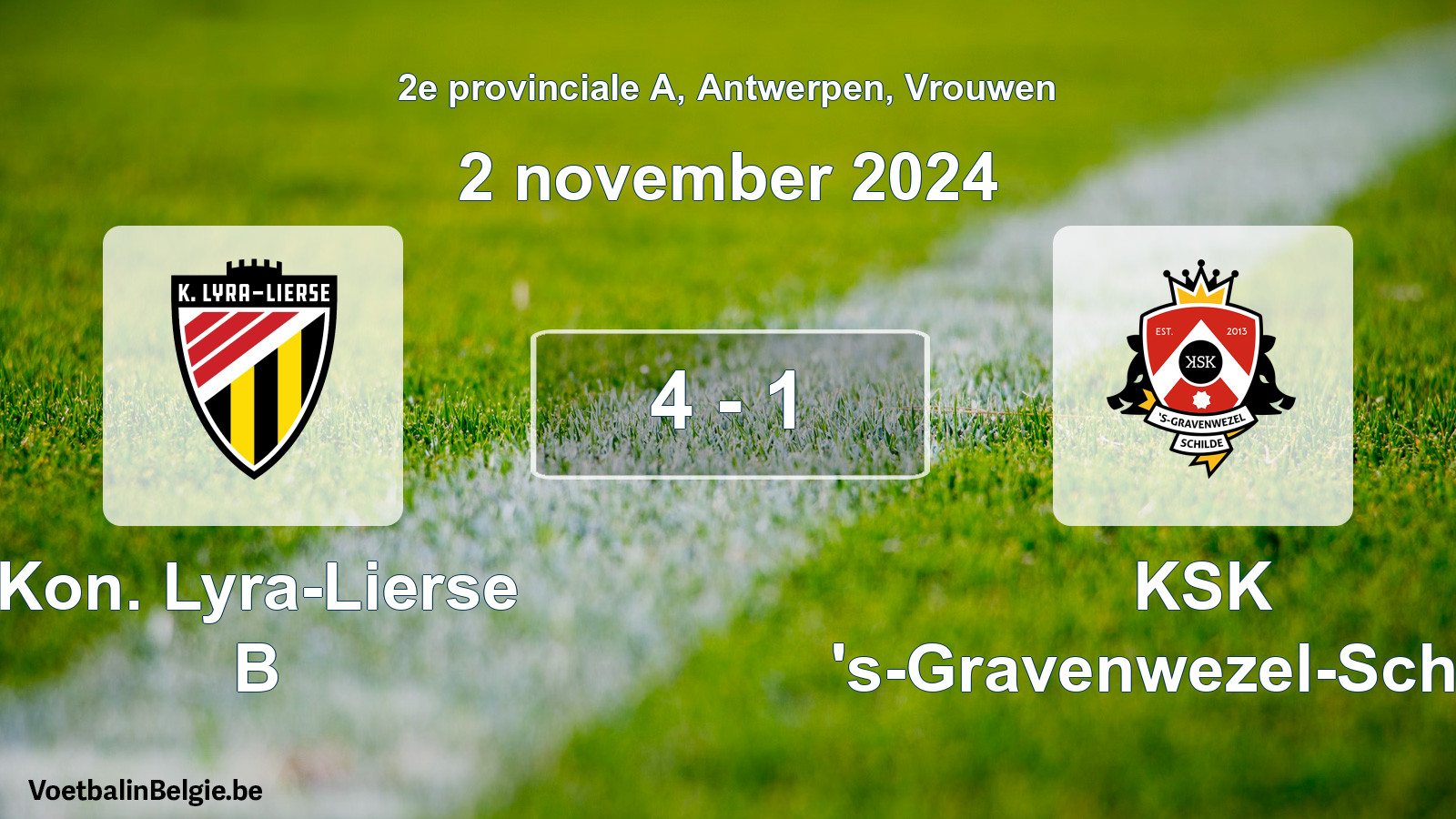 Gespeelde wedstrijd vrouwenvoetbal: Kon. Lyra-Lierse B - KSK 's-Gravenwezel-Schilde 4 - 1 (2 november 2024)