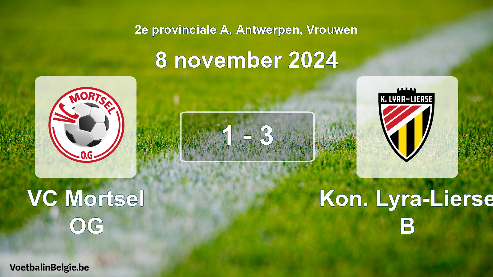 Gespeelde wedstrijd vrouwenvoetbal: VC Mortsel OG - Kon. Lyra-Lierse B 1 - 3 (8 november 2024)