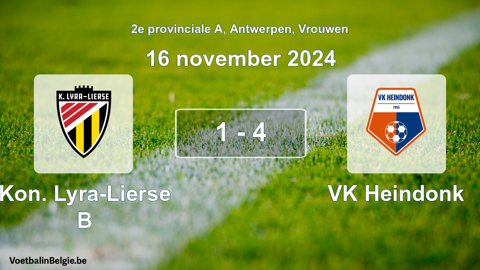 Gespeelde wedstrijd vrouwenvoetbal: Kon. Lyra-Lierse B - VK Heindonk 1 - 4 (16 november 2024)
