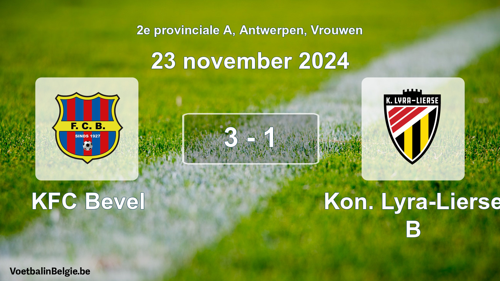 Gespeelde wedstrijd vrouwenvoetbal: KFC Bevel - Kon. Lyra-Lierse B 3 - 1 (23 november 2024)
