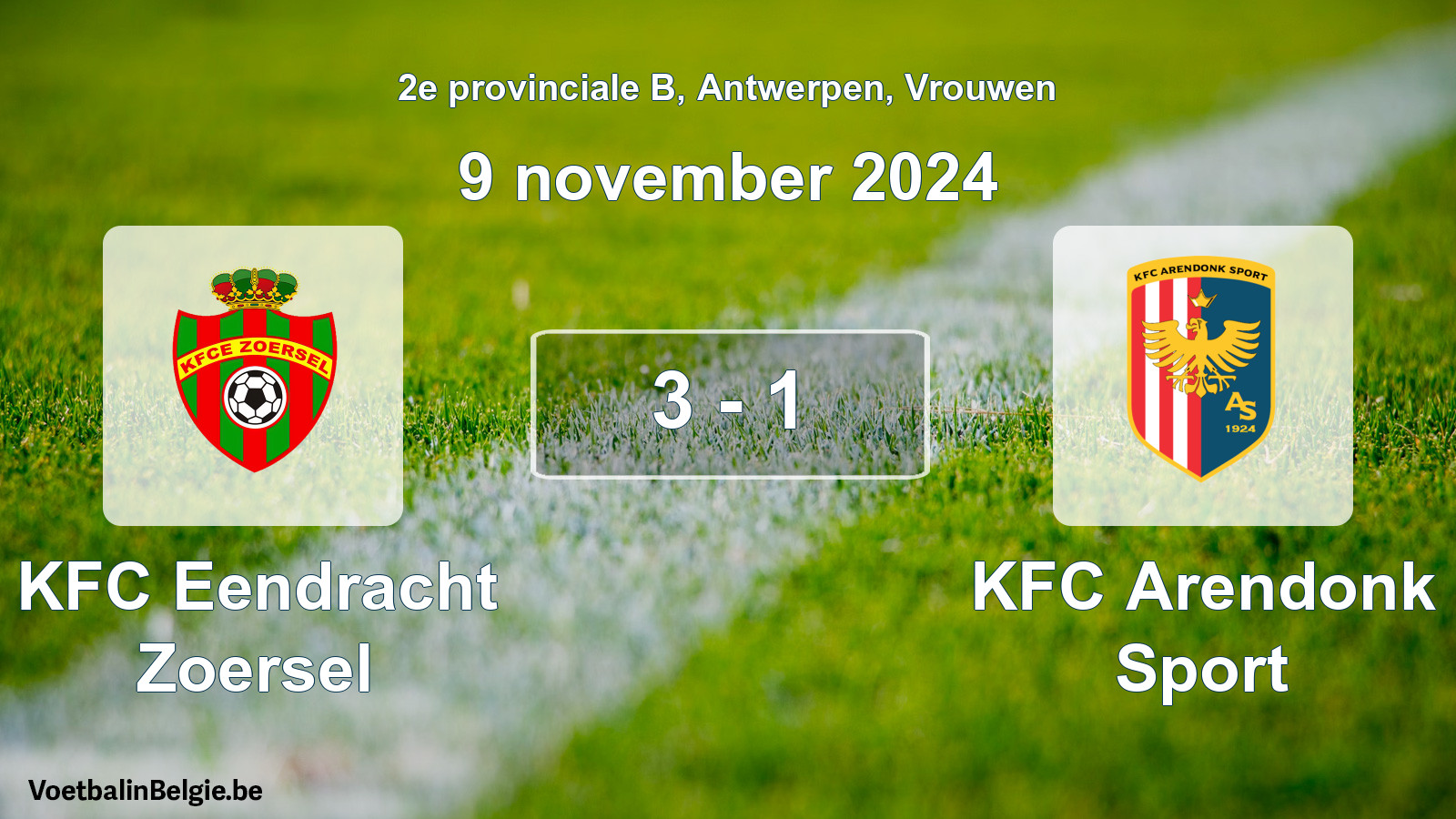 Gespeelde wedstrijd vrouwenvoetbal: KFC Eendracht Zoersel - KFC Arendonk Sport 3 - 1 (9 november 2024)