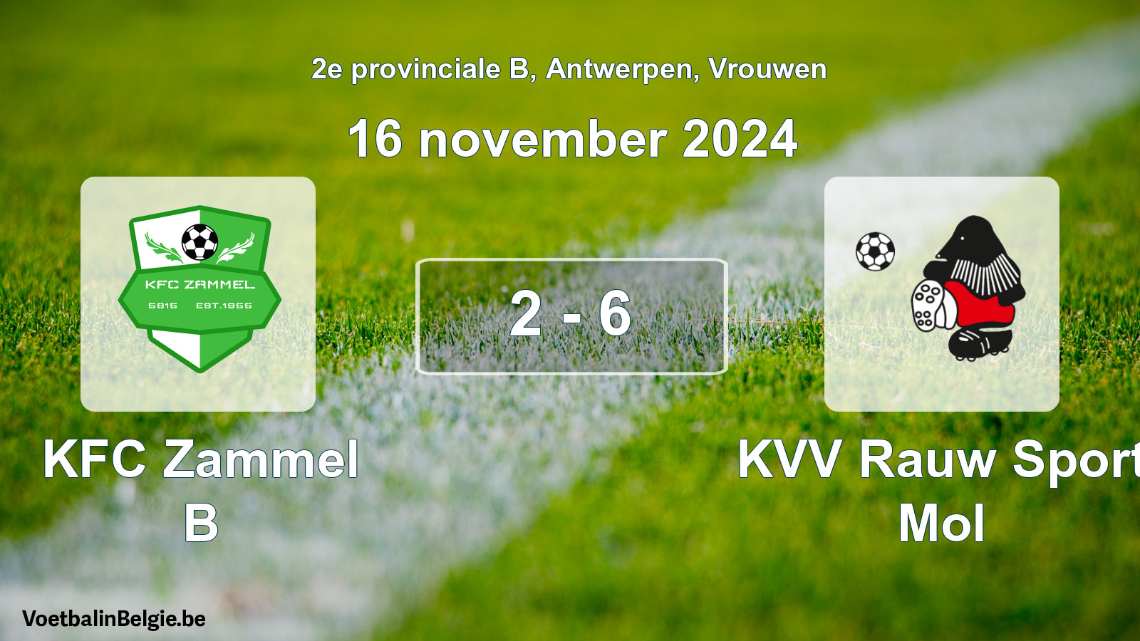 Gespeelde wedstrijd vrouwenvoetbal: KFC Zammel B - KVV Rauw Sport Mol 2 - 6 (16 november 2024)