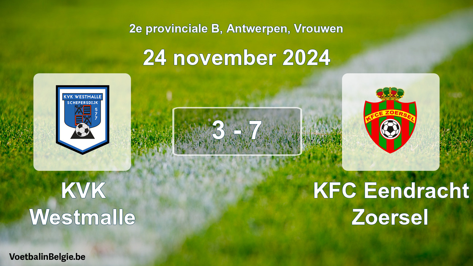 Gespeelde wedstrijd vrouwenvoetbal: KVK Westmalle - KFC Eendracht Zoersel 3 - 7 (24 november 2024)