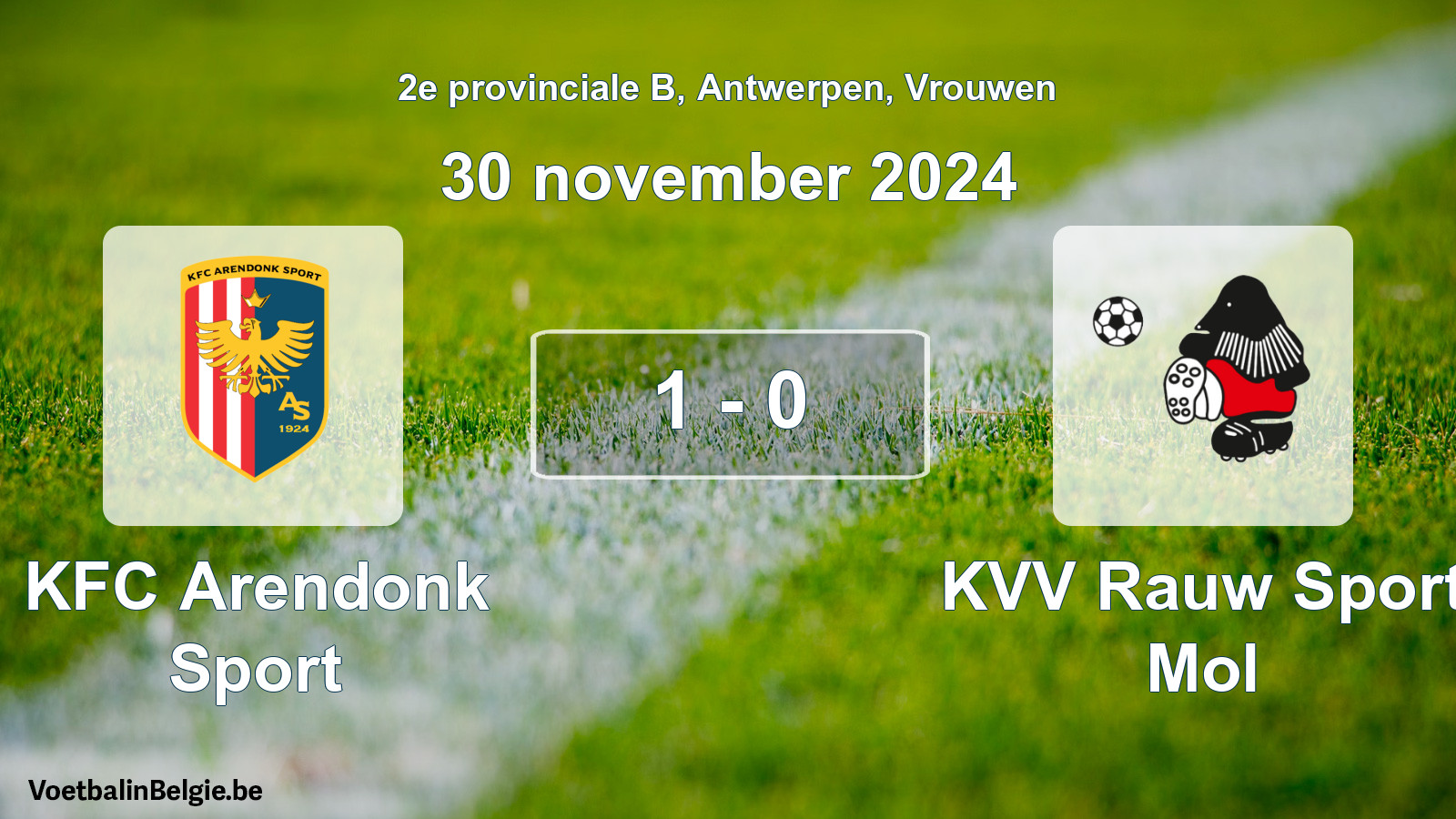 Gespeelde wedstrijd vrouwenvoetbal: KFC Arendonk Sport - KVV Rauw Sport Mol 1 - 0 (30 november 2024)