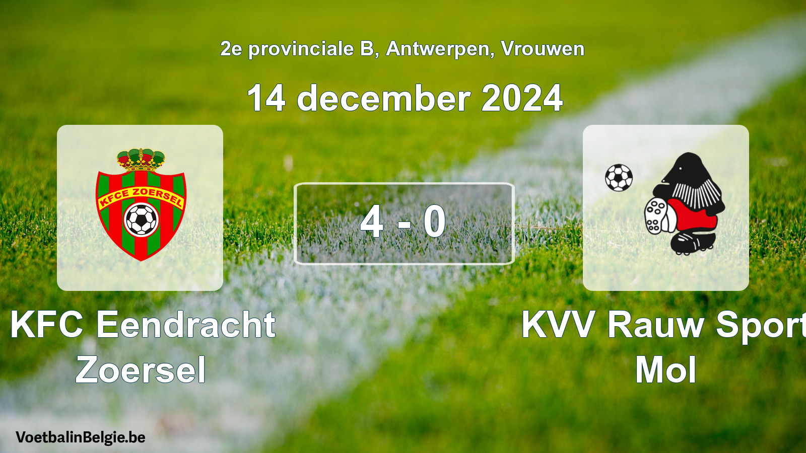 Gespeelde wedstrijd vrouwenvoetbal: KFC Eendracht Zoersel - KVV Rauw Sport Mol 4 - 0 (14 december 2024)