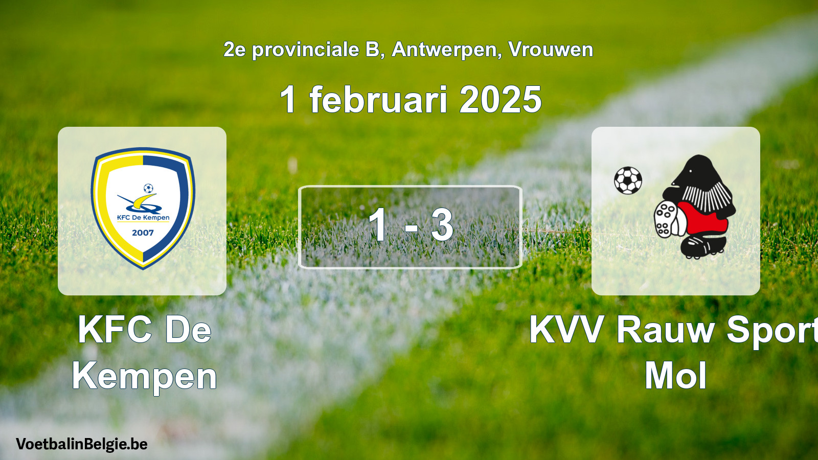 Gespeelde wedstrijd vrouwenvoetbal: KFC De Kempen - KVV Rauw Sport Mol 1 - 3 (1 februari 2025)