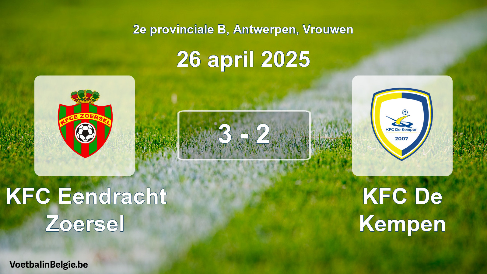 Gespeelde wedstrijd vrouwenvoetbal: KFC Eendracht Zoersel - KFC De Kempen 3 - 2 (26 april 2025)