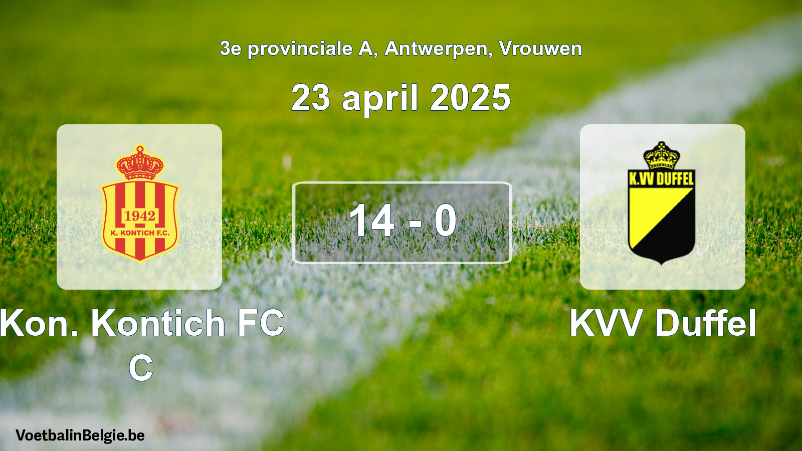 Gespeelde wedstrijd vrouwenvoetbal: Kon. Kontich FC C - KVV Duffel 14 - 0 (23 april 2025)