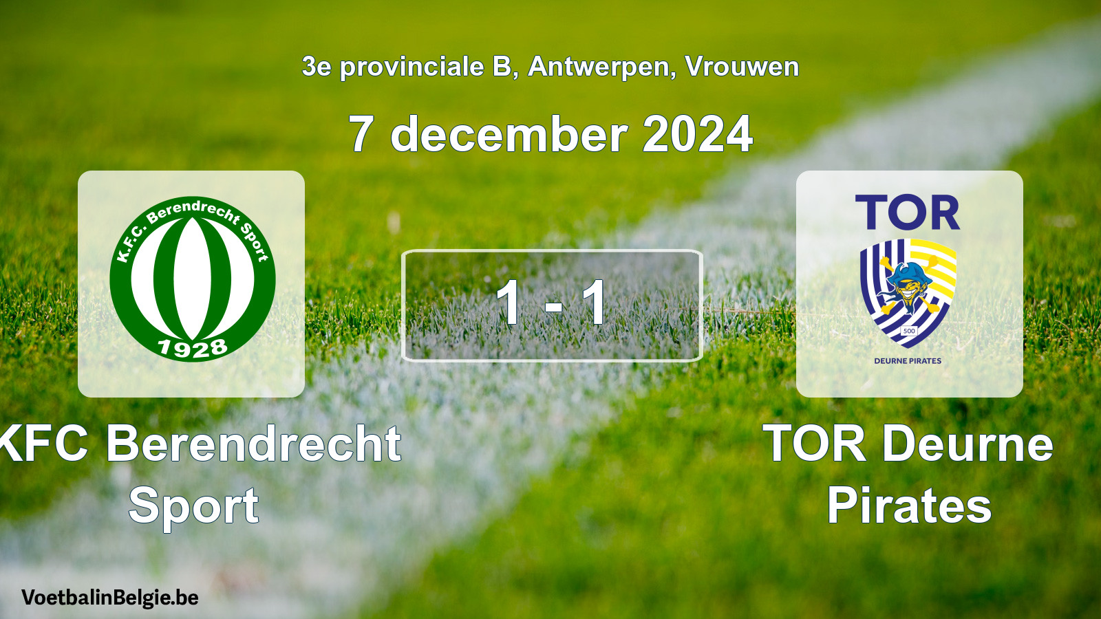 Gespeelde wedstrijd vrouwenvoetbal: KFC Berendrecht Sport - TOR Deurne Pirates 1 - 1 (7 december 2024)