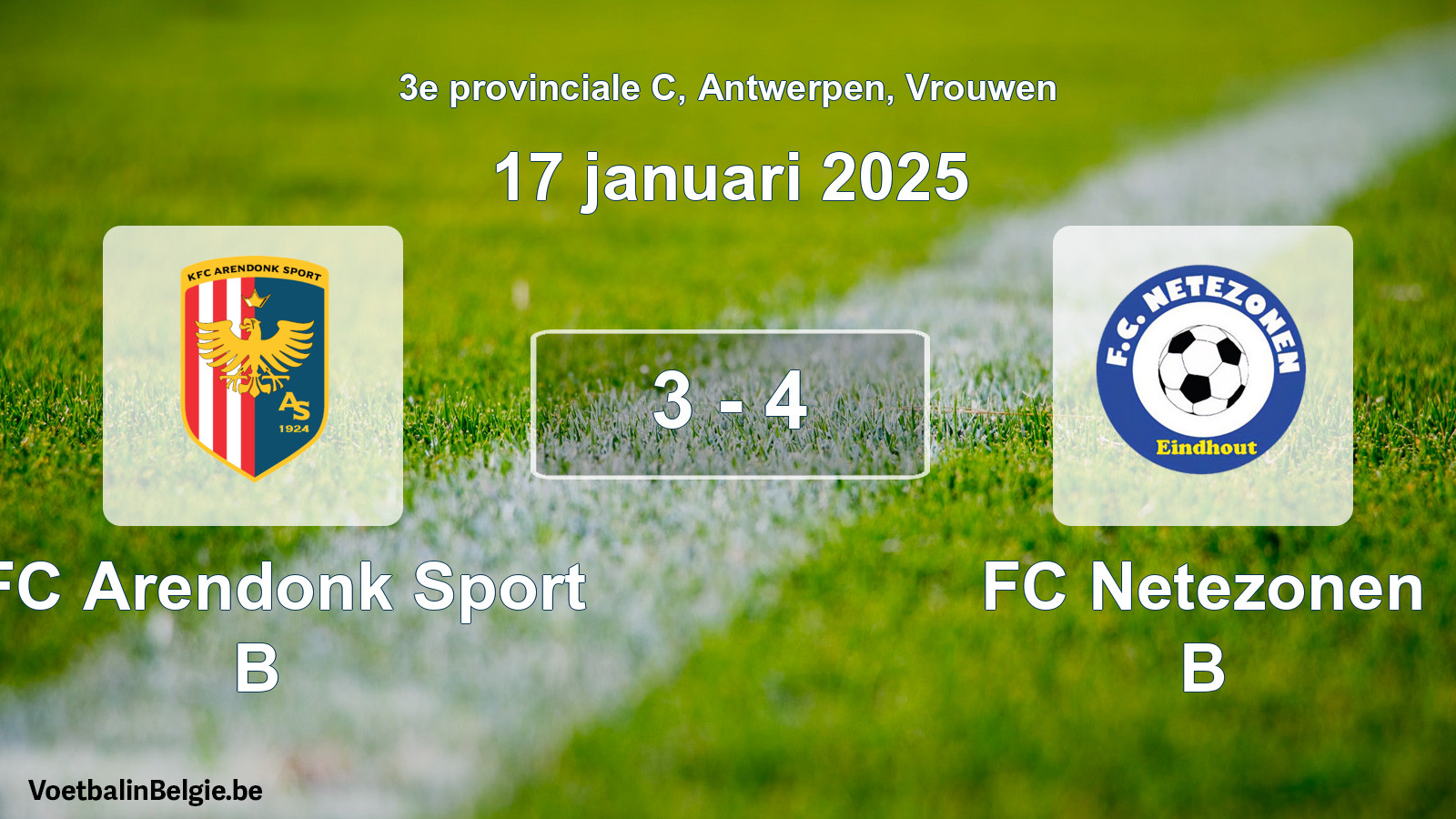 Gespeelde wedstrijd vrouwenvoetbal: KFC Arendonk Sport B - FC Netezonen B 3 - 4 (17 januari 2025)