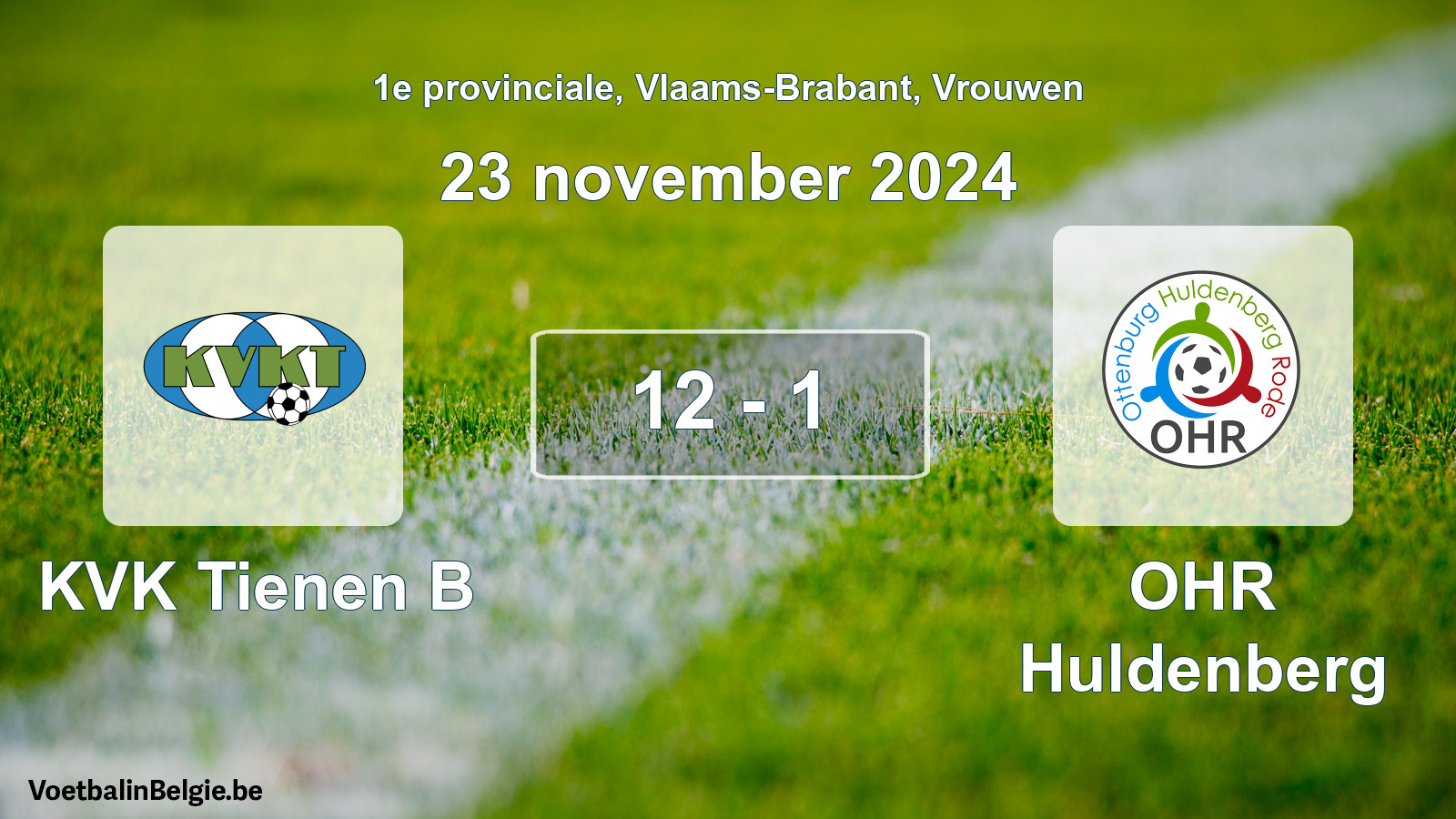 Gespeelde wedstrijd vrouwenvoetbal: KVK Tienen B - OHR Huldenberg 12 - 1 (23 november 2024)
