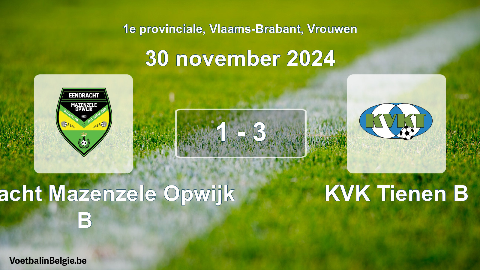 Gespeelde wedstrijd vrouwenvoetbal: Eendracht Mazenzele Opwijk B - KVK Tienen B 1 - 3 (30 november 2024)
