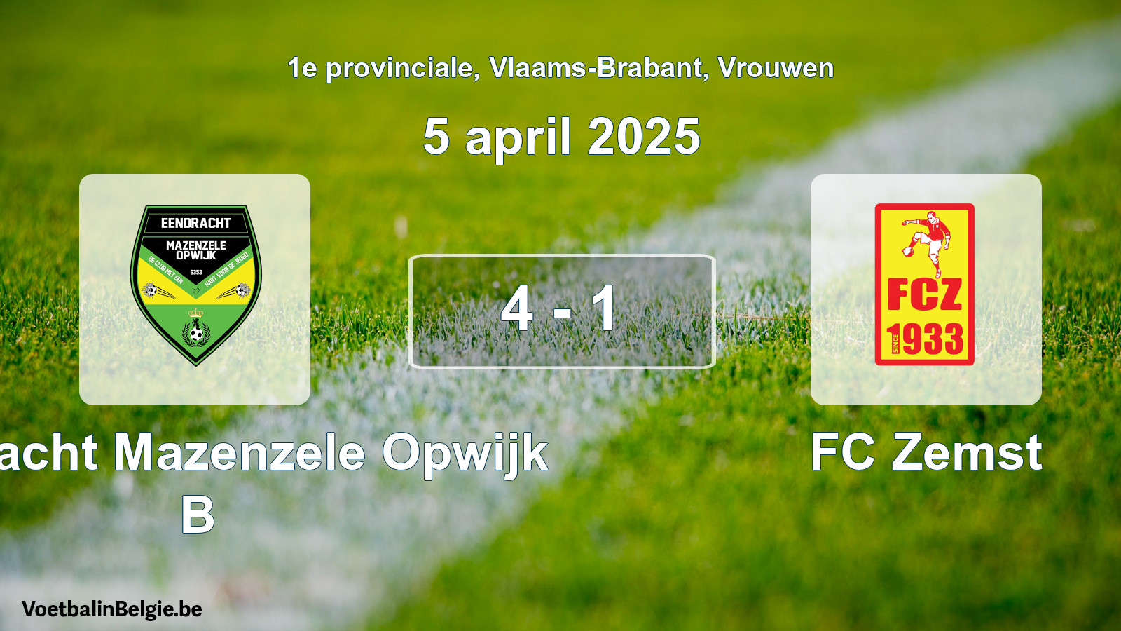 Gespeelde wedstrijd vrouwenvoetbal: Eendracht Mazenzele Opwijk B - FC Zemst 4 - 1 (5 april 2025)