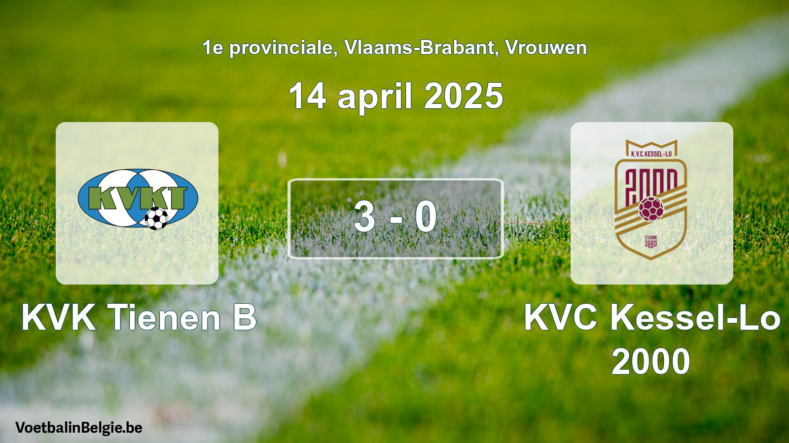Gespeelde wedstrijd vrouwenvoetbal: KVK Tienen B - KVC Kessel-Lo 2000 3 - 0 (14 april 2025)