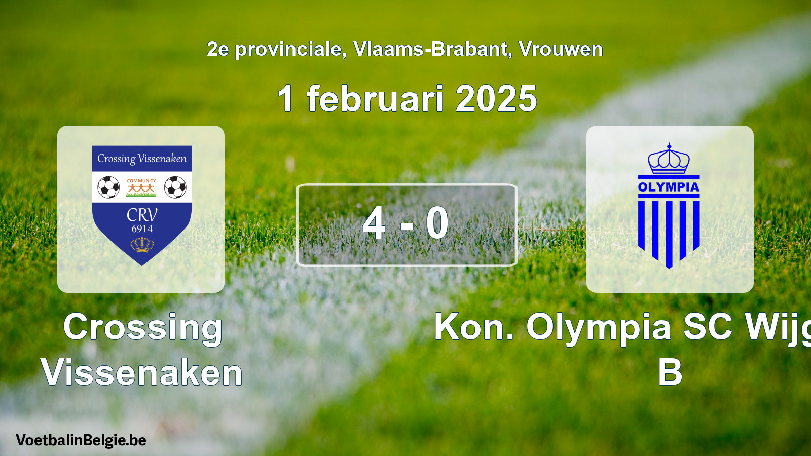 Gespeelde wedstrijd vrouwenvoetbal: Crossing Vissenaken - Kon. Olympia SC Wijgmaal B 4 - 0 (1 februari 2025)