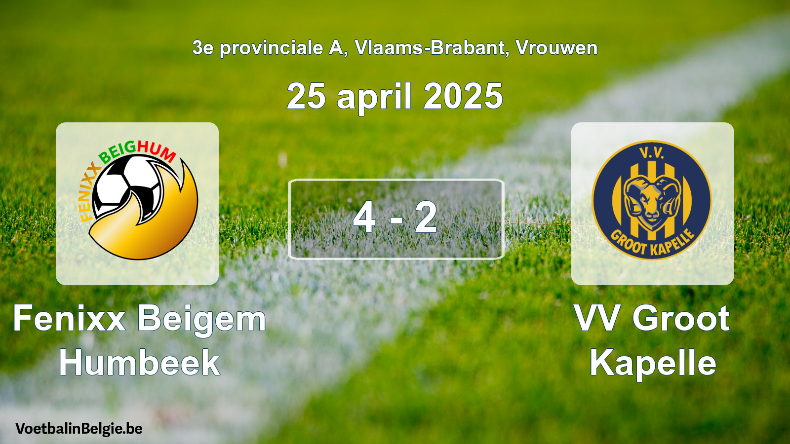 Gespeelde wedstrijd vrouwenvoetbal: Fenixx Beigem Humbeek - VV Groot Kapelle 4 - 2 (25 april 2025)