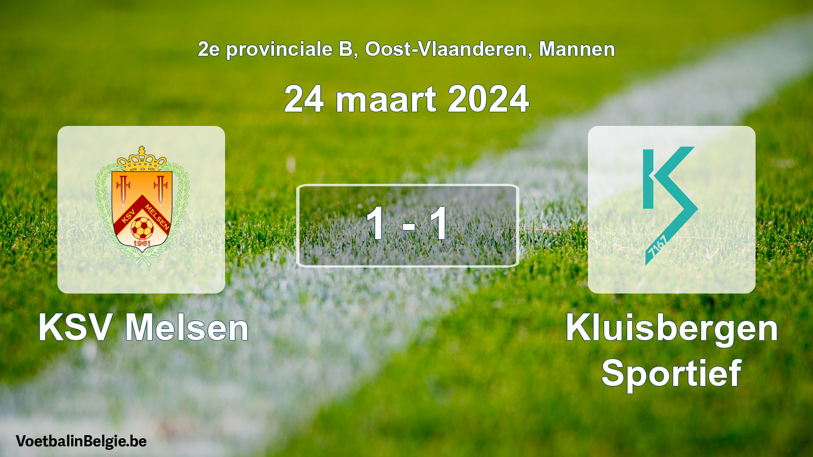 Gespeelde wedstrijd mannenvoetbal: KSV Melsen - Kluisbergen Sportief 1 - 1 (24 maart 2024)