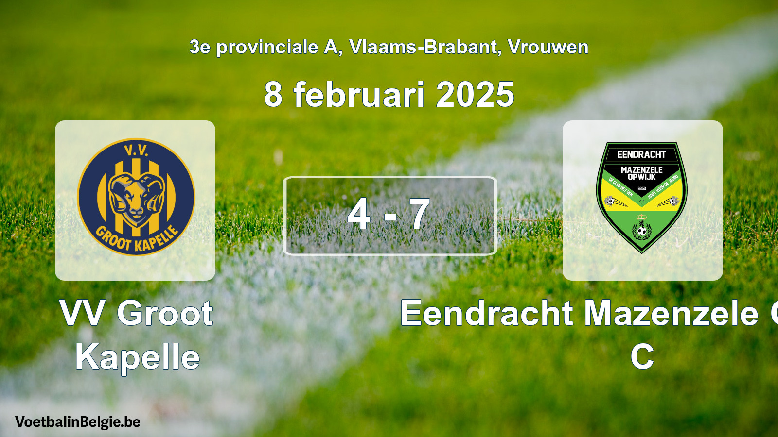 Gespeelde wedstrijd vrouwenvoetbal: VV Groot Kapelle - Eendracht Mazenzele Opwijk C 4 - 7 (8 februari 2025)
