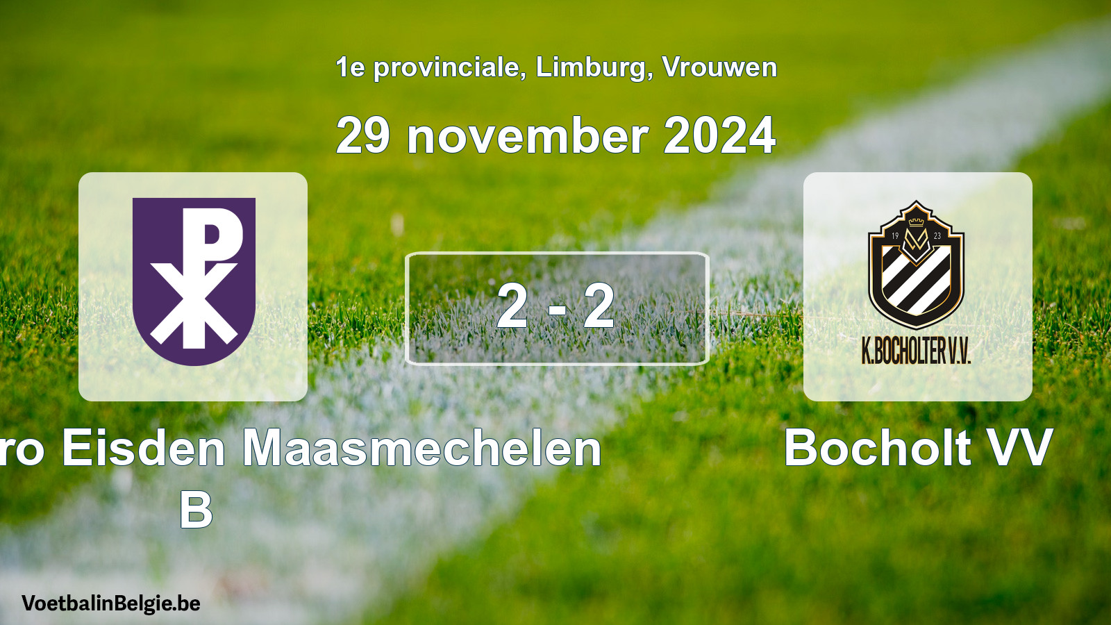 Gespeelde wedstrijd vrouwenvoetbal: Kon. Patro Eisden Maasmechelen B - Bocholt VV 2 - 2 (29 november 2024)