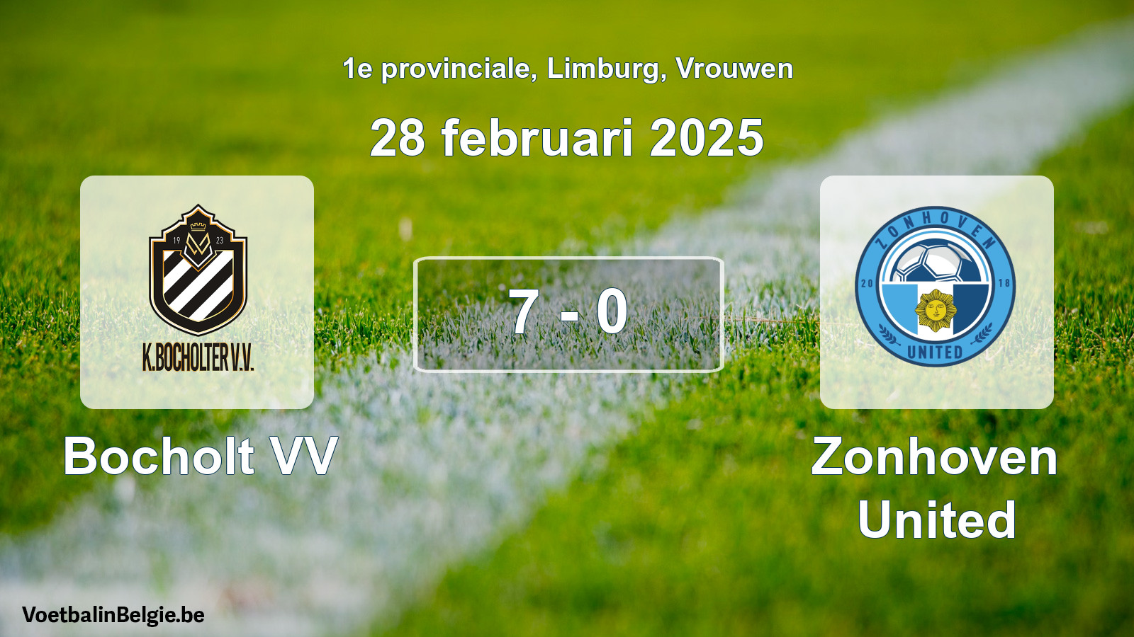 Gespeelde wedstrijd vrouwenvoetbal: Bocholt VV - Zonhoven United 7 - 0 (28 februari 2025)