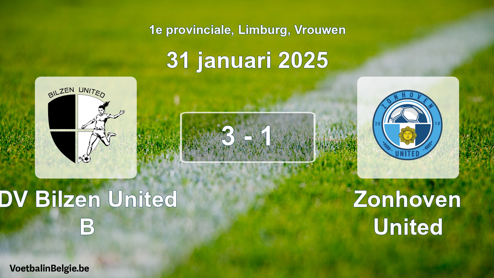 Gespeelde wedstrijd vrouwenvoetbal: DV Bilzen United B - Zonhoven United 3 - 1 (31 januari 2025)